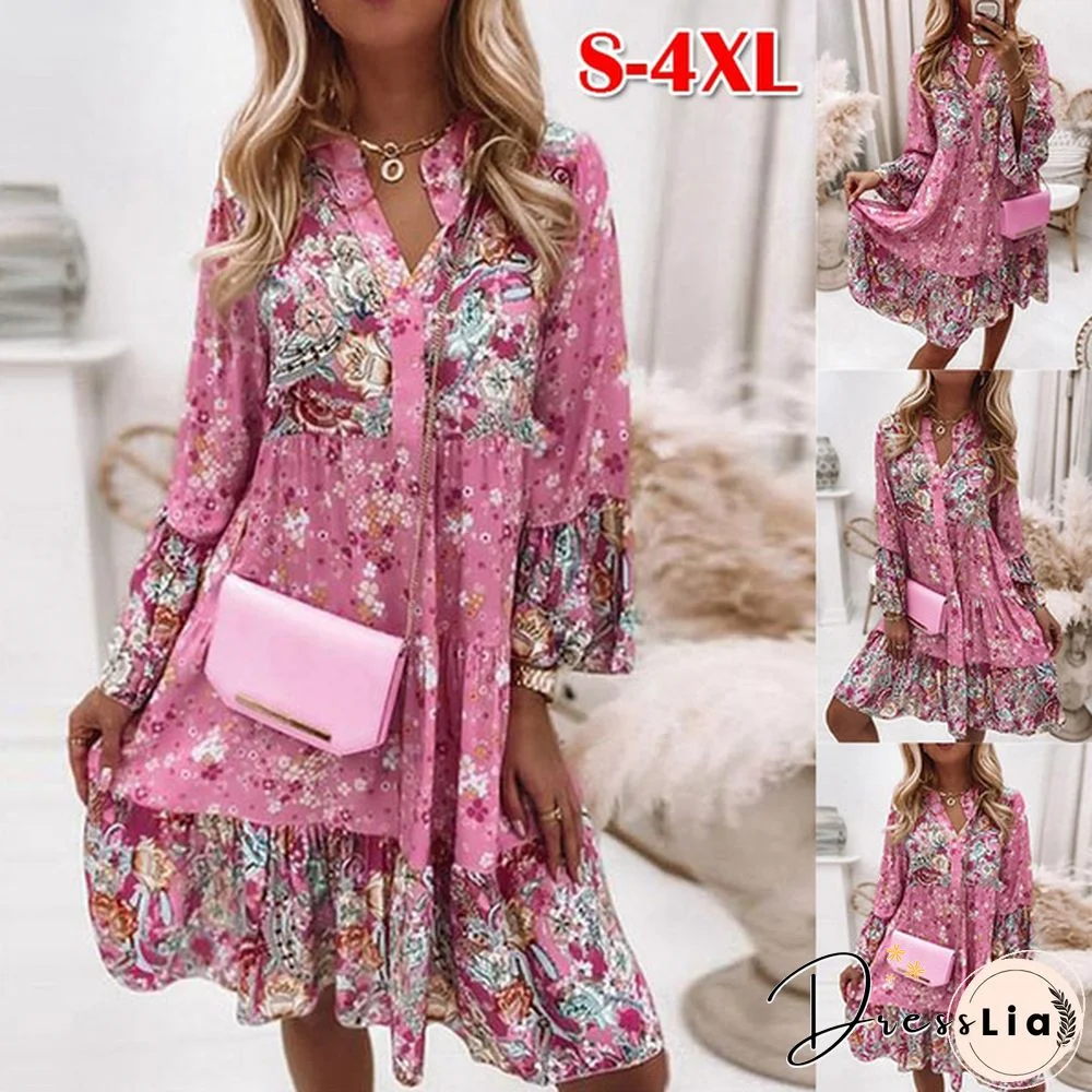 Elegant Retro Floral Print Flare Sleeve Mini Dress Spring Ruffle Loose Women Party Dress Casual V Neck Beach Sweater Dress