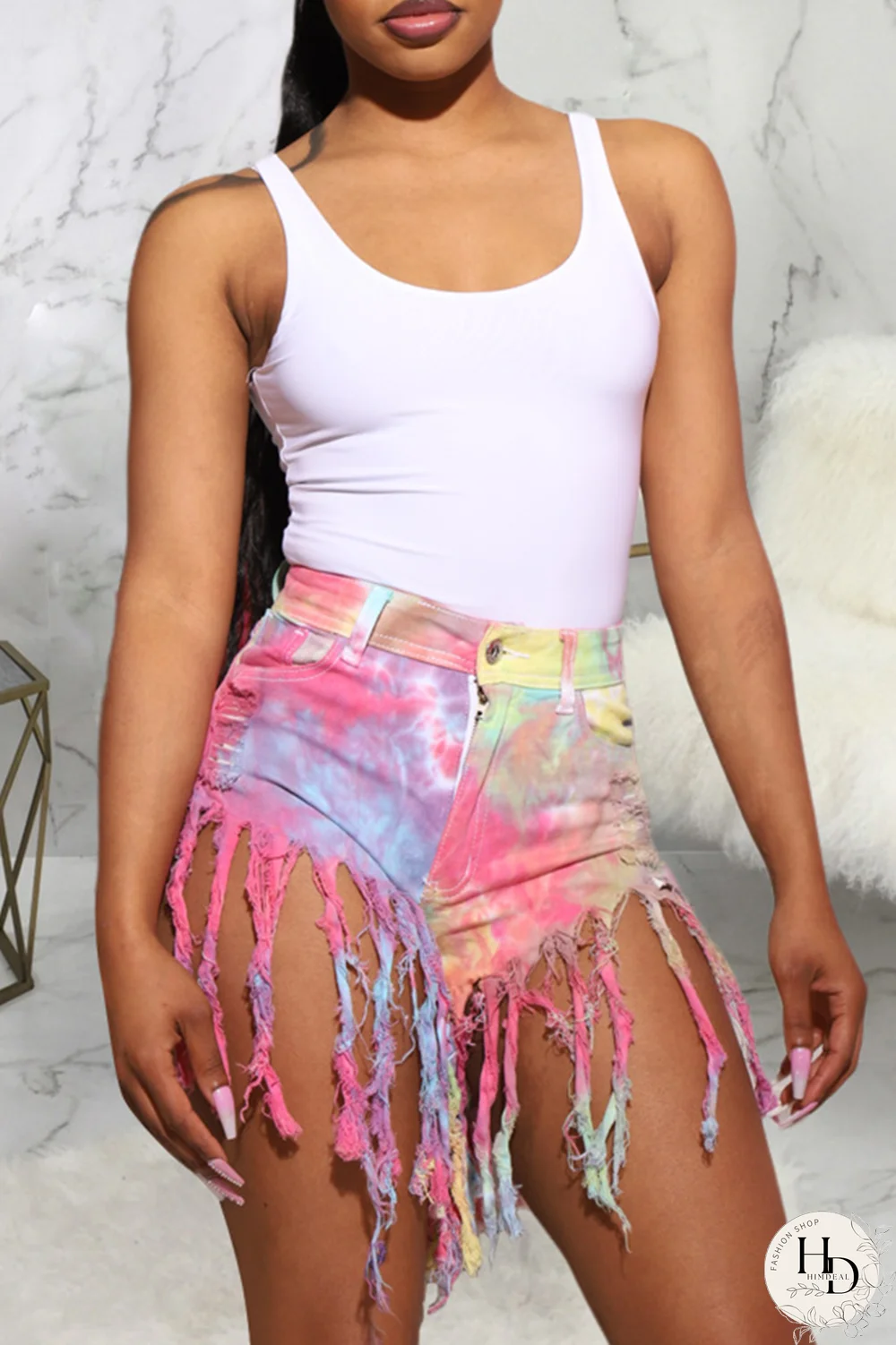 Red Sexy Patchwork Tassel Tie-dye High Waist Regular Denim Shorts