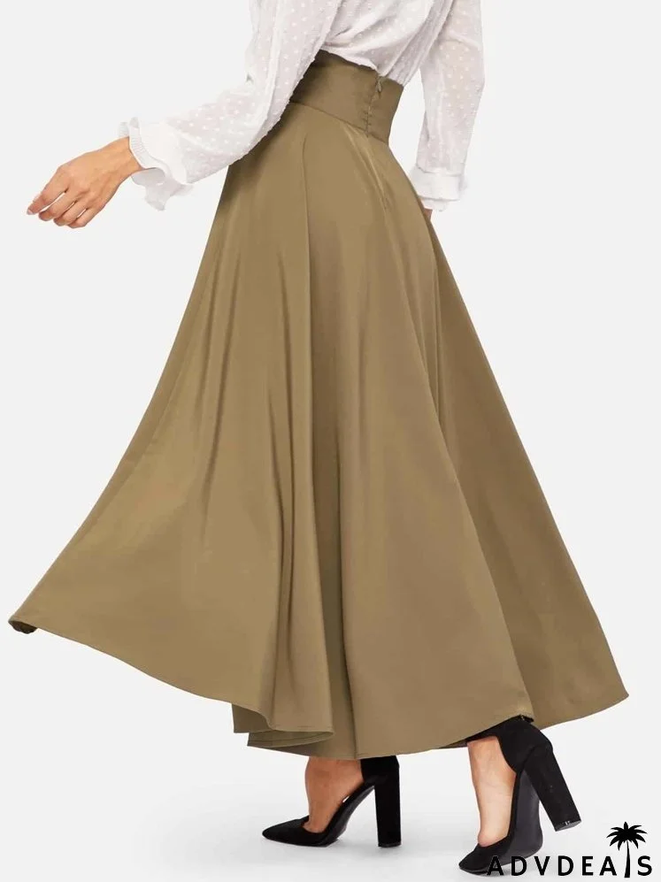 High Waist Zip Back Knot Swing Skirt