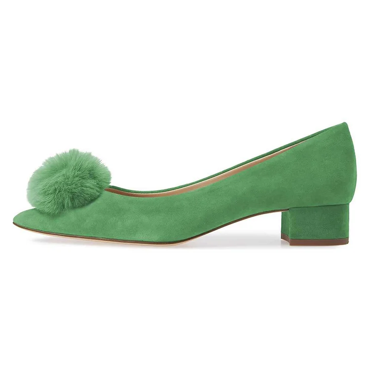 Green Suede Shoes Ball Chunky Heel Pumps |FSJ Shoes