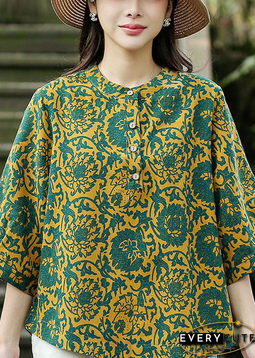 Handmade Yellow O-Neck Green Print Linen Shirt Top Bracelet Sleeve