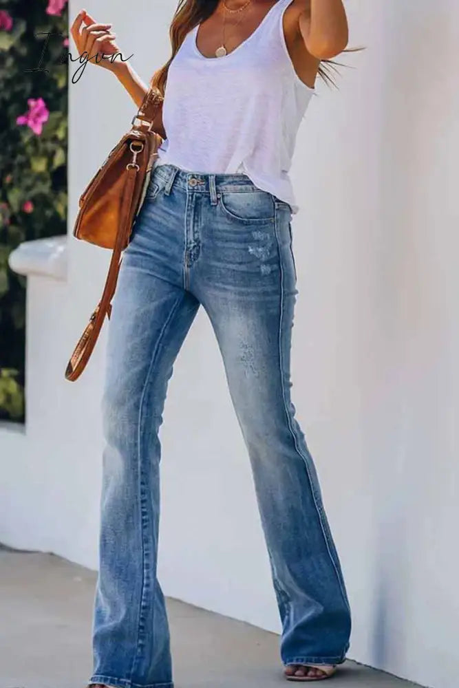Ingvn - Women Jeans Mid Rise Fitted Denim Pants S / Blue Bottoms
