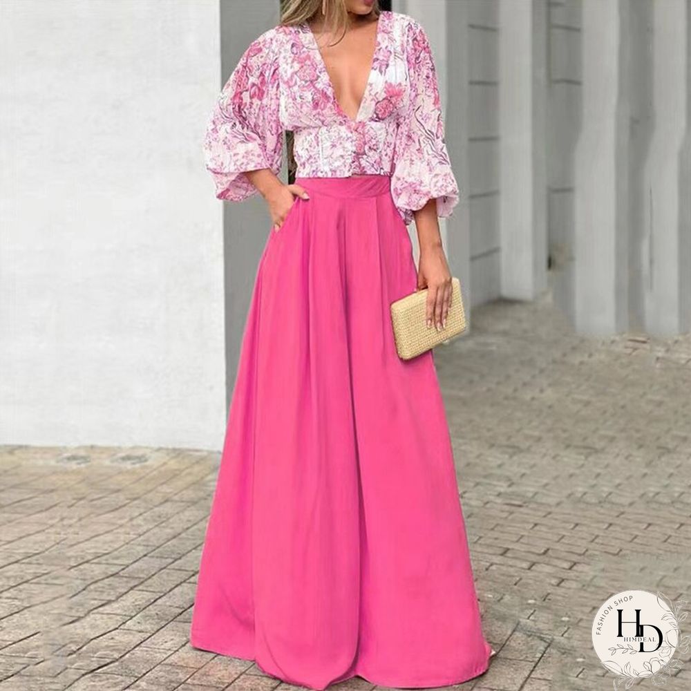 Sexy V-neck Print Blouse And Long Pants Outfits Women Elegant Puff Sleeve Two Piece Suit