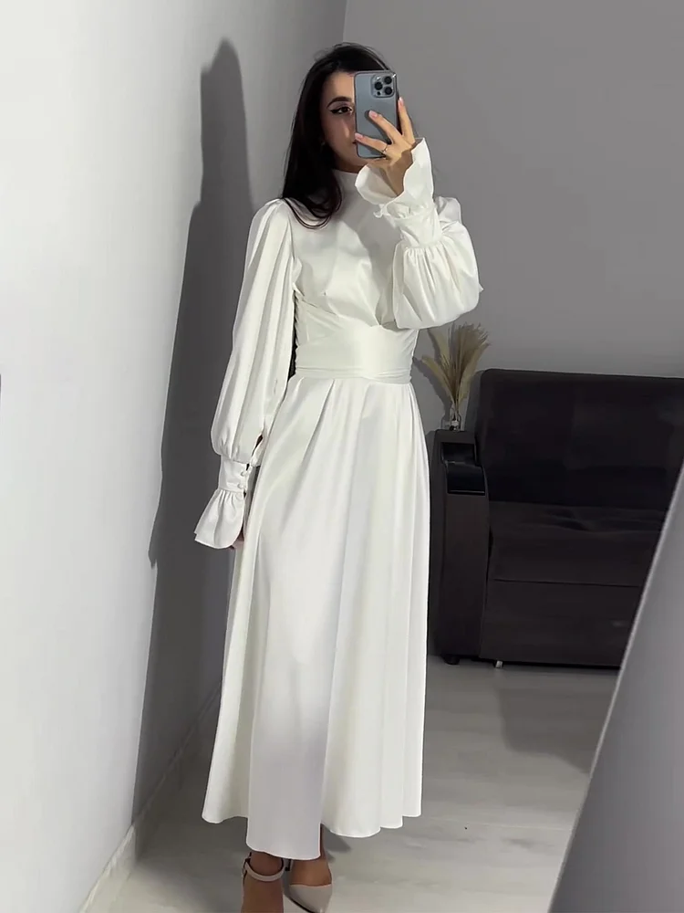  Elegant Belted Long Sleeve Solid Color Dress