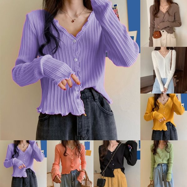 Women's V-neck Long-sleeved Thin Cardigan Short Loose Lazy Top Spring and Autumn - BlackFridayBuys