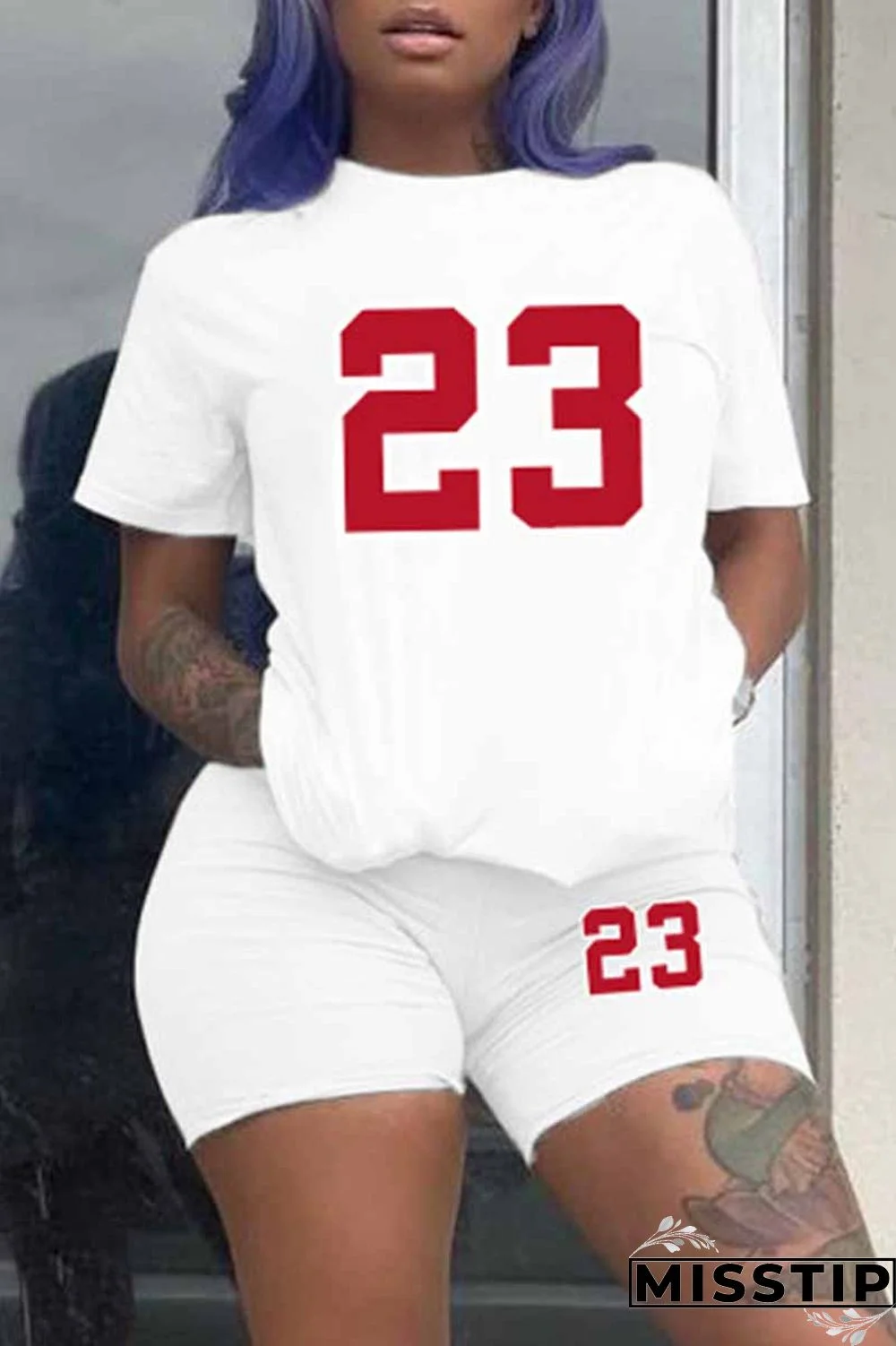 White Casual Print O Neck Short Sleeve Two Pieces