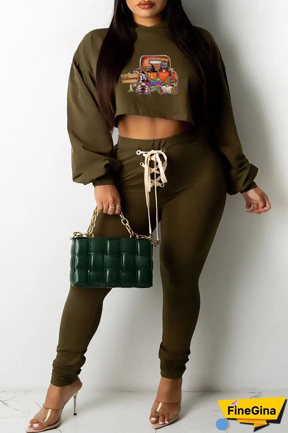 Black Fashion Casual Print Basic Hooded Collar Long Sleeve Two Pieces