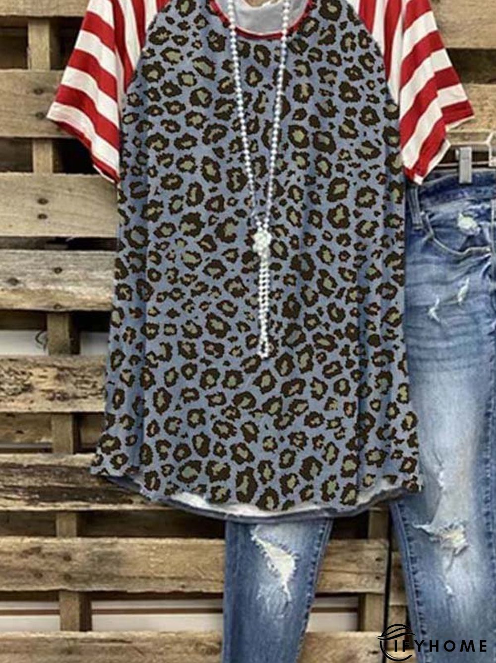 Leopard-Print Short Sleeve Cotton-Blend Casual T-shirt | IFYHOME