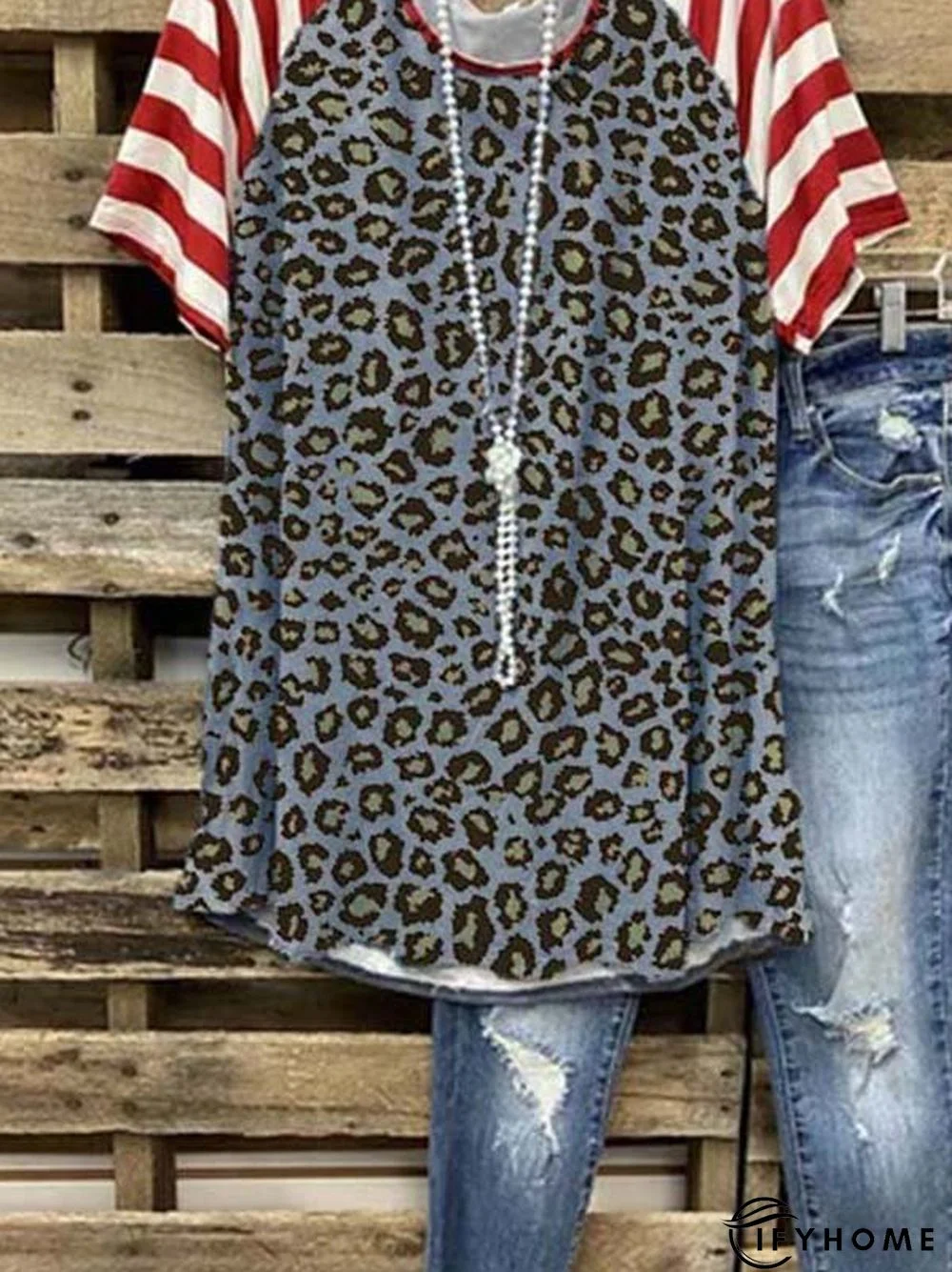 Leopard-Print Short Sleeve Cotton-Blend Casual T-shirt | IFYHOME