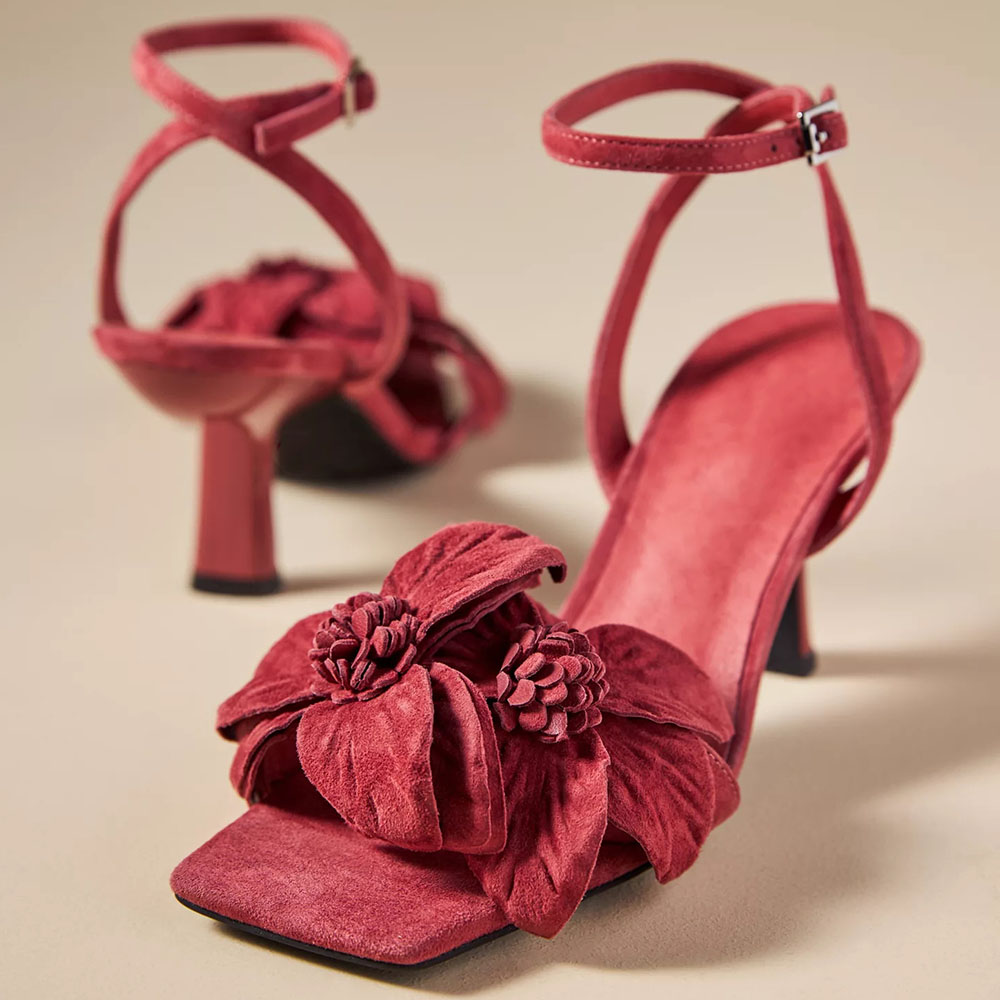 Red Square Toe Kitten Heel Floral Embellished Sandals Nicepairs