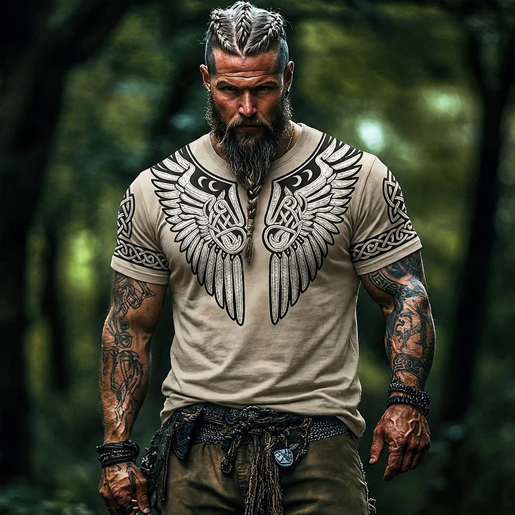 Men's Viking Tribal Jacquard Celtic With Wings Inspired Art Print Short-sleeve T-shirt