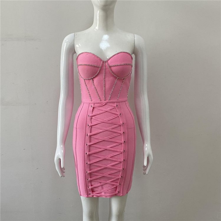 Promsstyle Promsstyle Strapless lace up rhinestone fitted mini party dress Prom Dress 2023