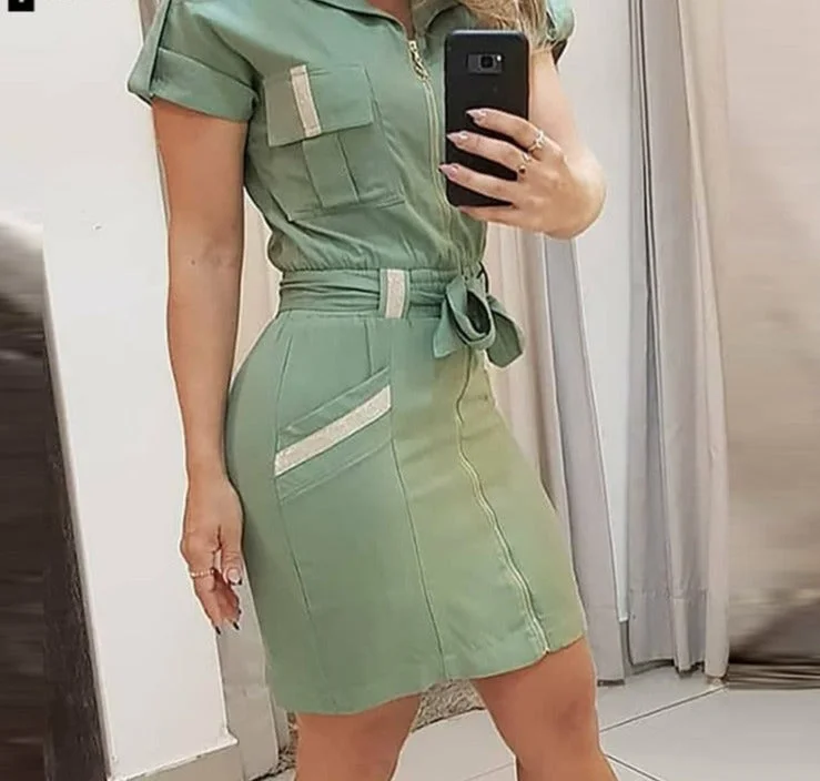 Graduation Gifts  Striped Colorblock Zip Front Shirt Dress Workwear Women Short Sleeve Casual Daily Summer Dress