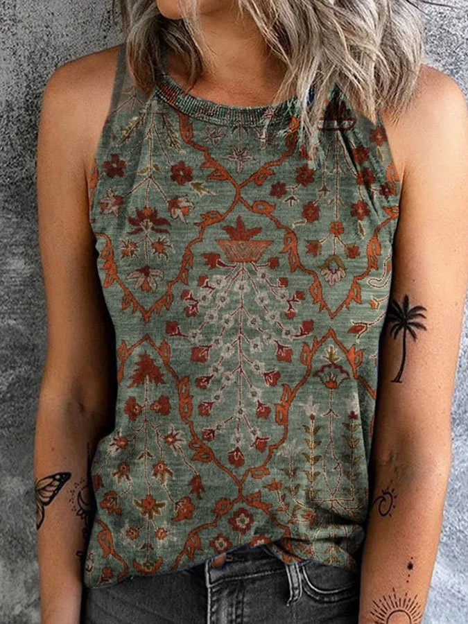 Vintage Ethnic Print Sleeveless Tank Top