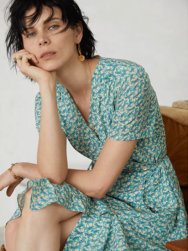 Robe en soie imprimé cyan- SOIE PLUS