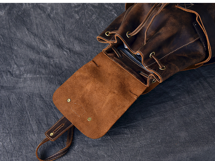 Open-up View of Woosir Genuine Leather Drawstring Bucket Vintage Backpack