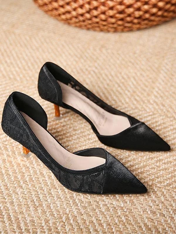 Side hollow pointed toe shallow mesh lace fashion stiletto heels