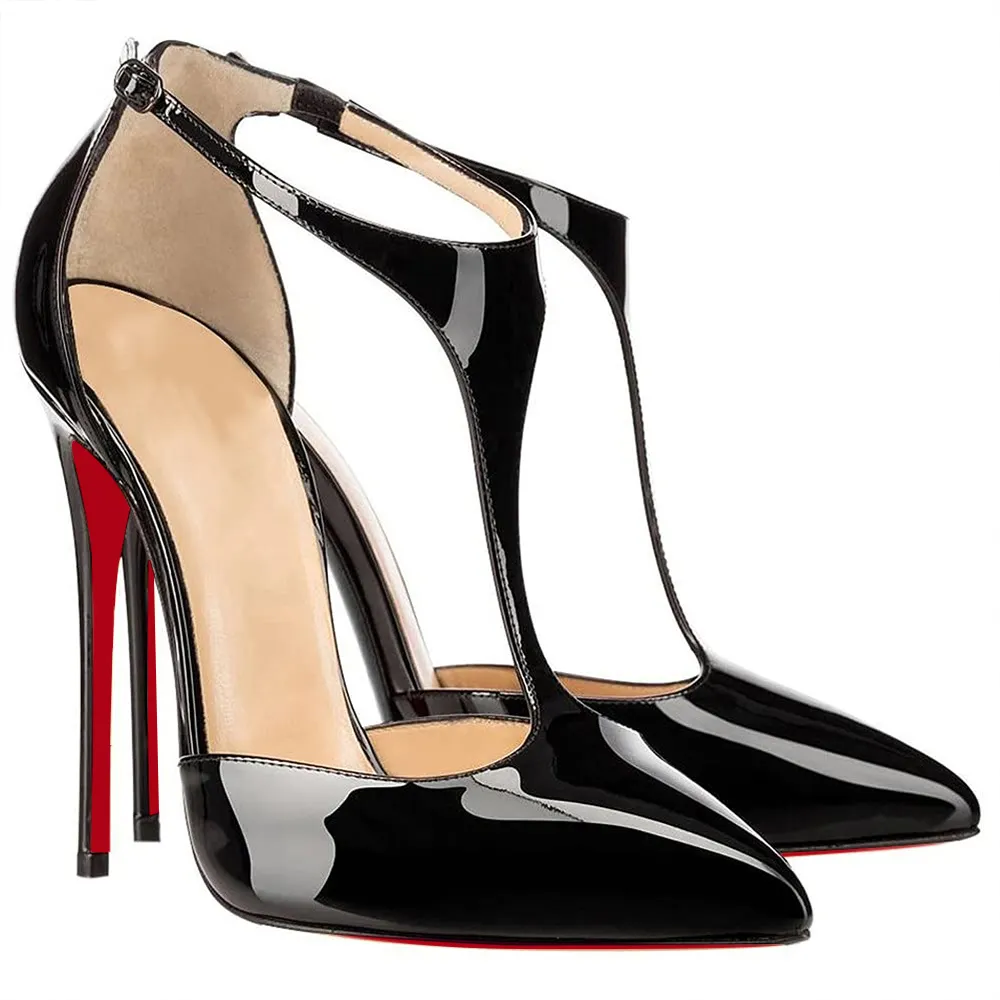 120mm Womens T-Strap Pumps High Heels Black Patent Pumps-vocosishoes