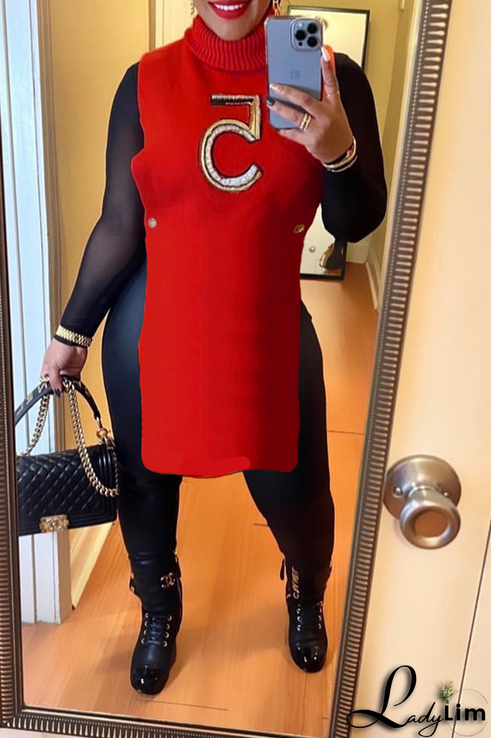 Black Casual Print Split Joint Turtleneck Tops