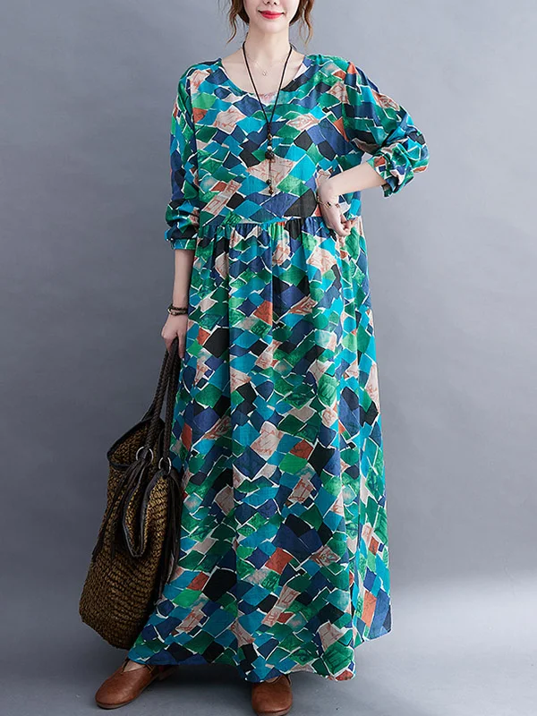 Vintage Cotton Printed Long Sleeves Maxi Dress