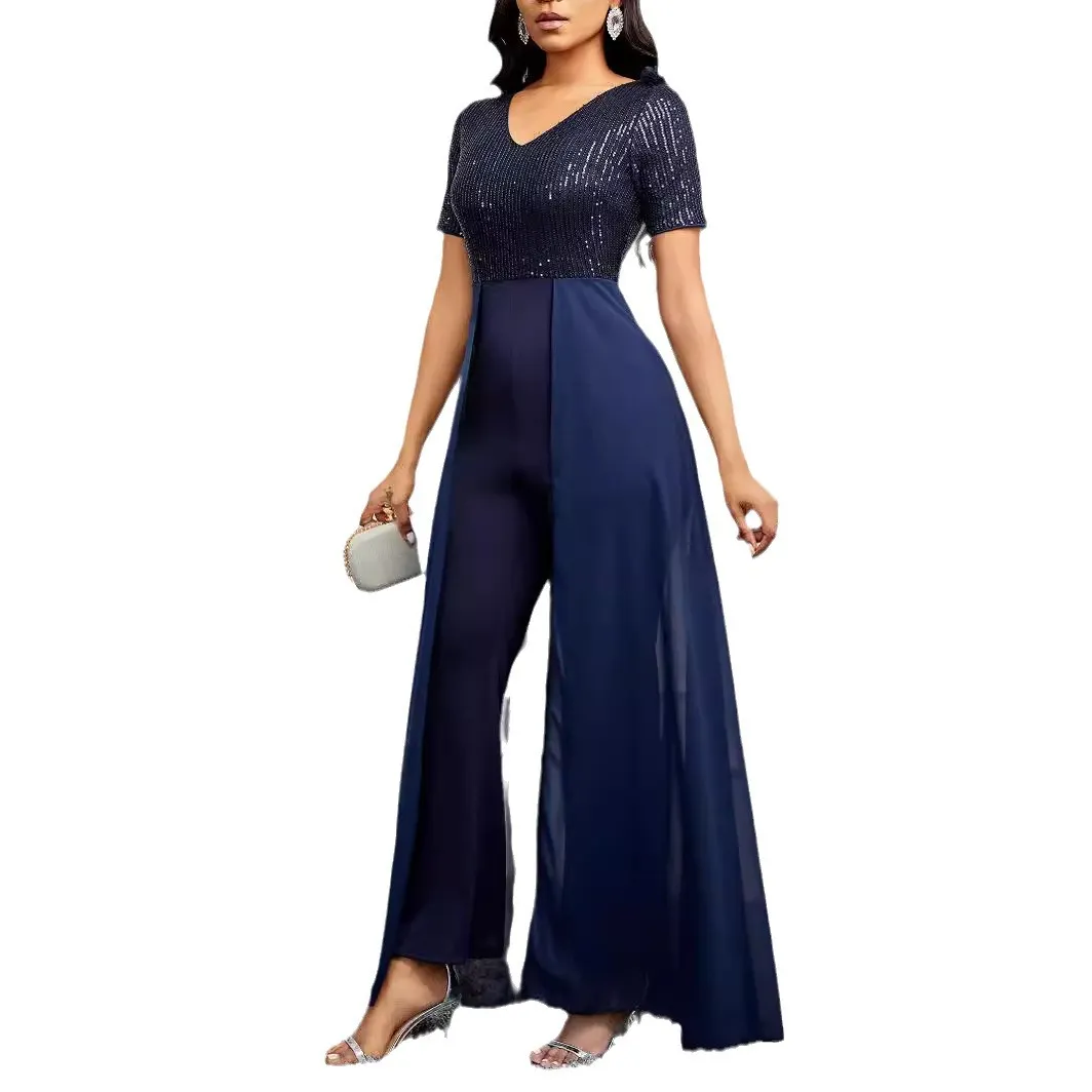 Uveng Uveng Solid-Color V-Neck Fashion Sleeves Sleeves Elegant Body-Pair Party Jumpsuits