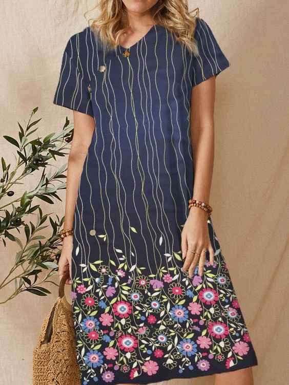Casual Floral Print Short Sleeves Buttons V Neck Midi Dress