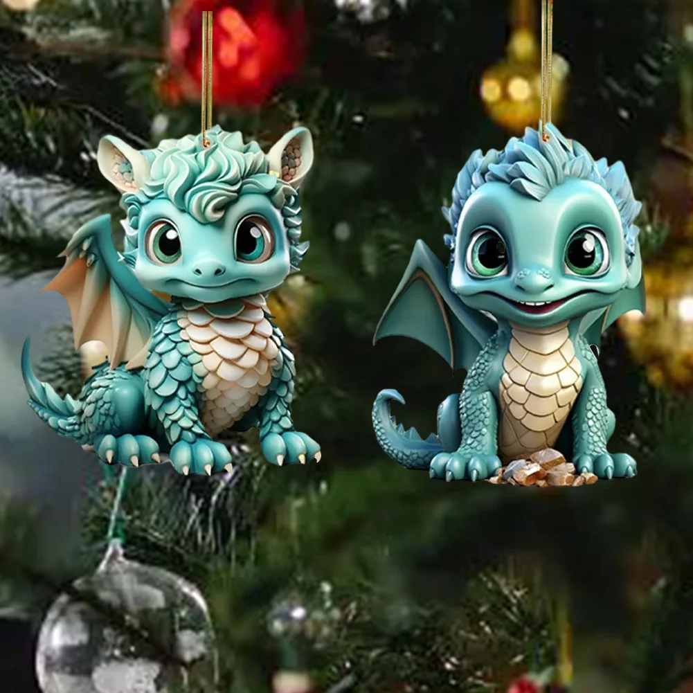 2 PCS Acrylic Flying Dragon Baby 2D Flat Dinosaur Xmas Tree Hangings Ornament