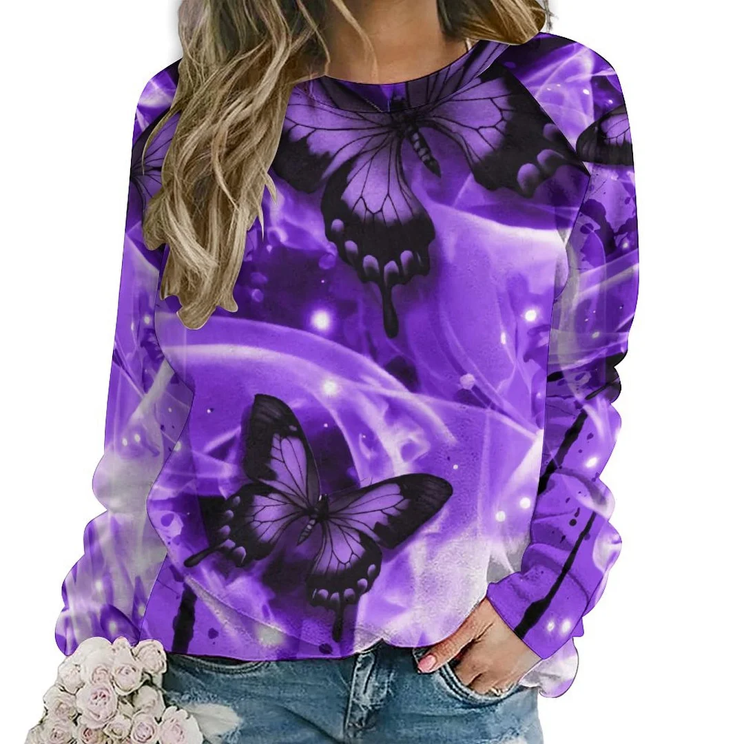 Printed Long Sleeve Casual Sweatshirt for  Women and Men Unisex Pattern Butterfly, Purple, Black