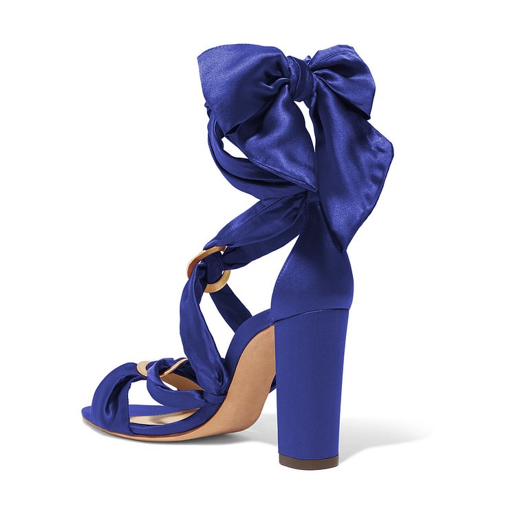 Women's Deep Blue Bow Chunky Heel Strappy Sandals |FSJ Shoes