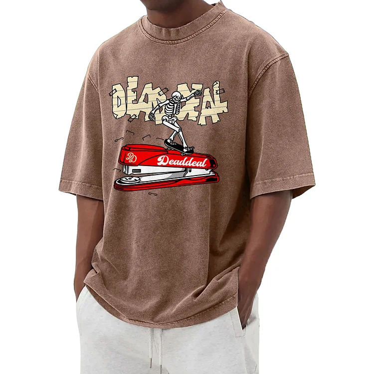 Funny Skull Stapler Washed T-shirt 002