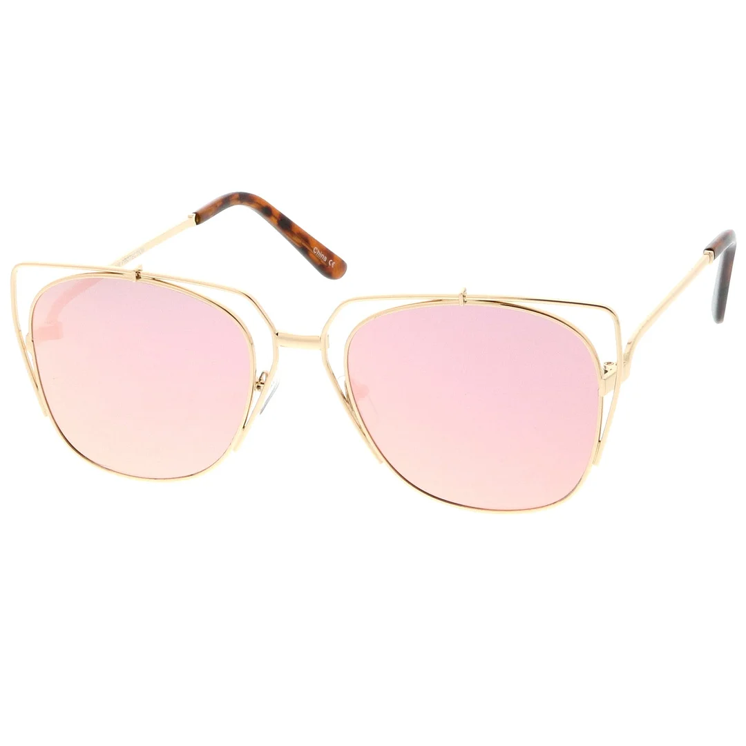 Women's Open Metal Cat Eye glasses With Mirrored Flat Lens And Slim Arms 55mm