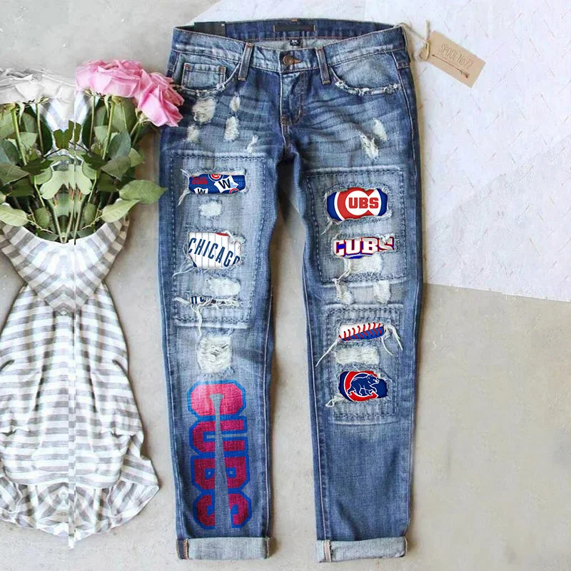 STRETCH RIPPED FRAYED RAW HEM DISTRESSED DENIM JEANS WITH HOLE