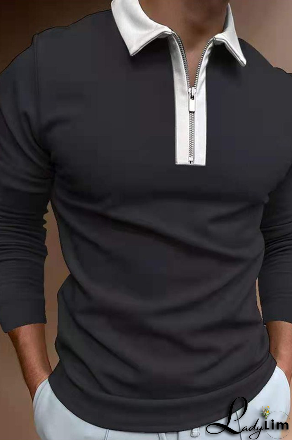 Dark Gray Fashion Casual Patchwork Contrast Zipper POLO collar Tops