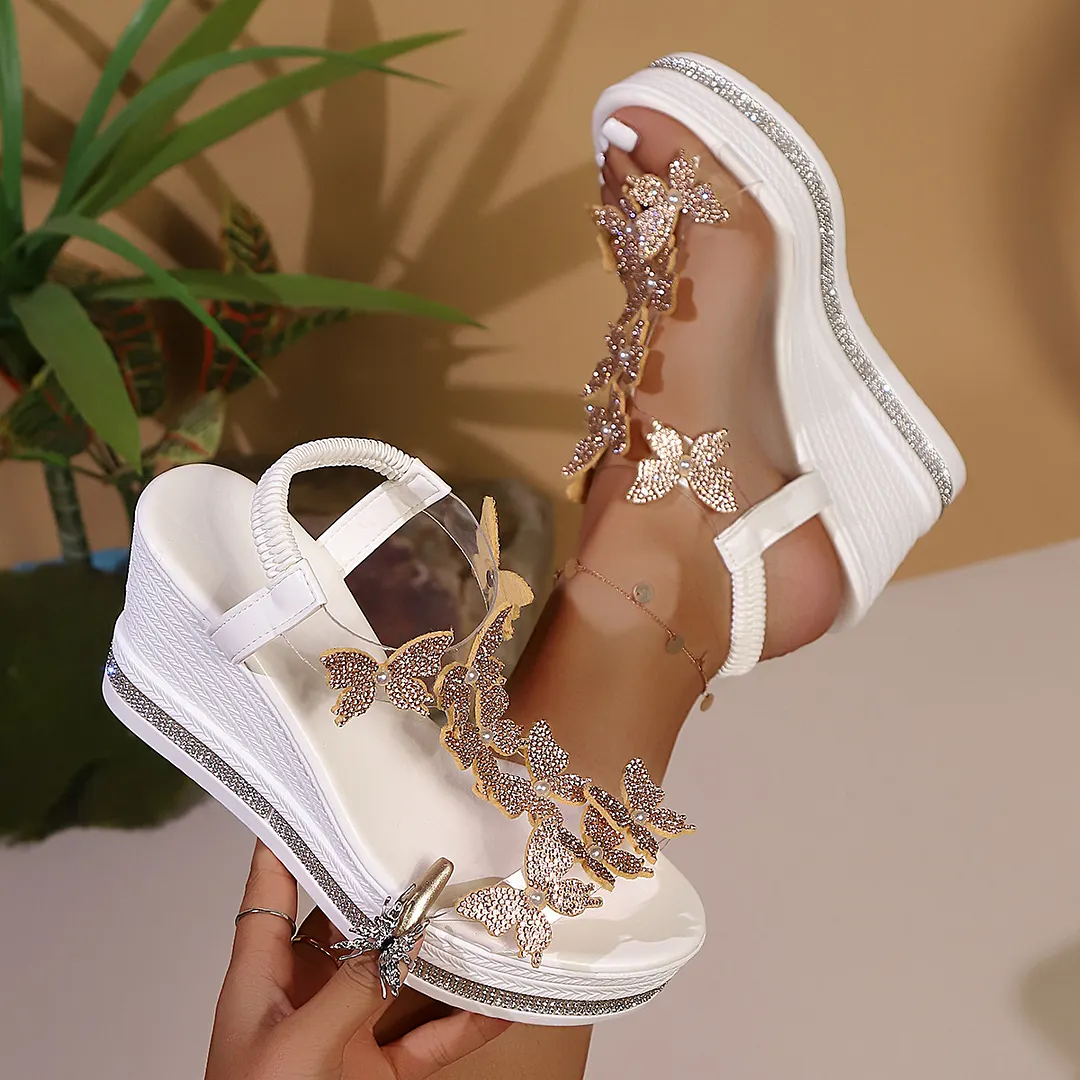 Breakj Breakj Summer New Large-Size Women's Sloping Sandals Bow Set Pine Cake Water Drill Bottom Fish Mouth Sandals