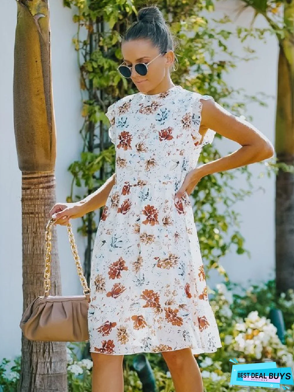 Floral Short Sleeve Casual Skirt White Dresses