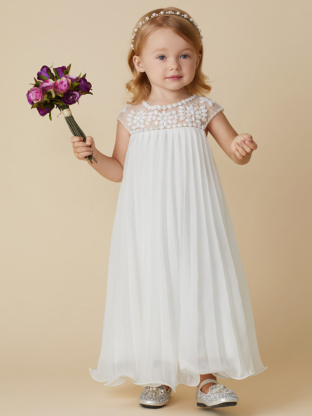 Oknass  Column Short Sleeve Jewel Neck Flower Girl Dresses Chiffon With Beading Draping