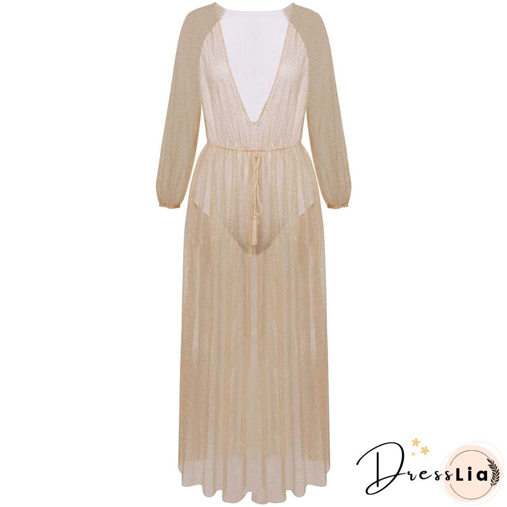 Gitter Sequins Deep Plunge Tie Waist Long Sleeve Sheer Mesh Dress