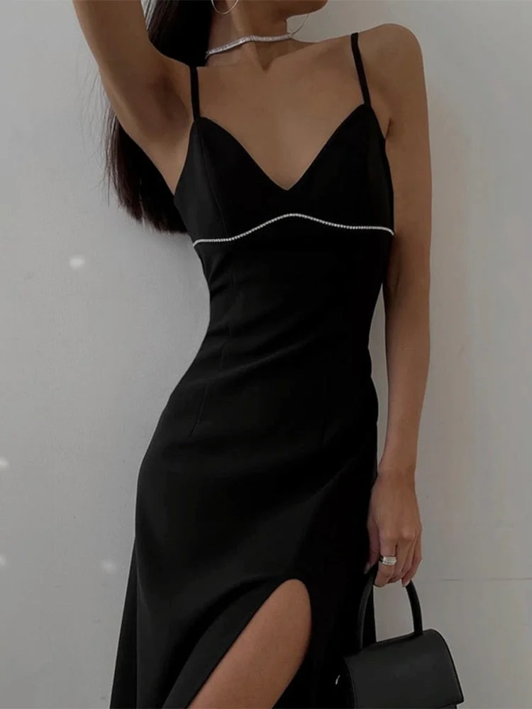 Jacqueline Summer Low-Cut Diamonds Backless Dress Women Mini Bodycon 2022 Straps Backless Elegant Sexy Club Party Dresses Black