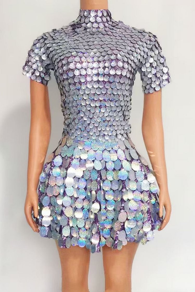 Holographic Sequins High Neck Mini Dress