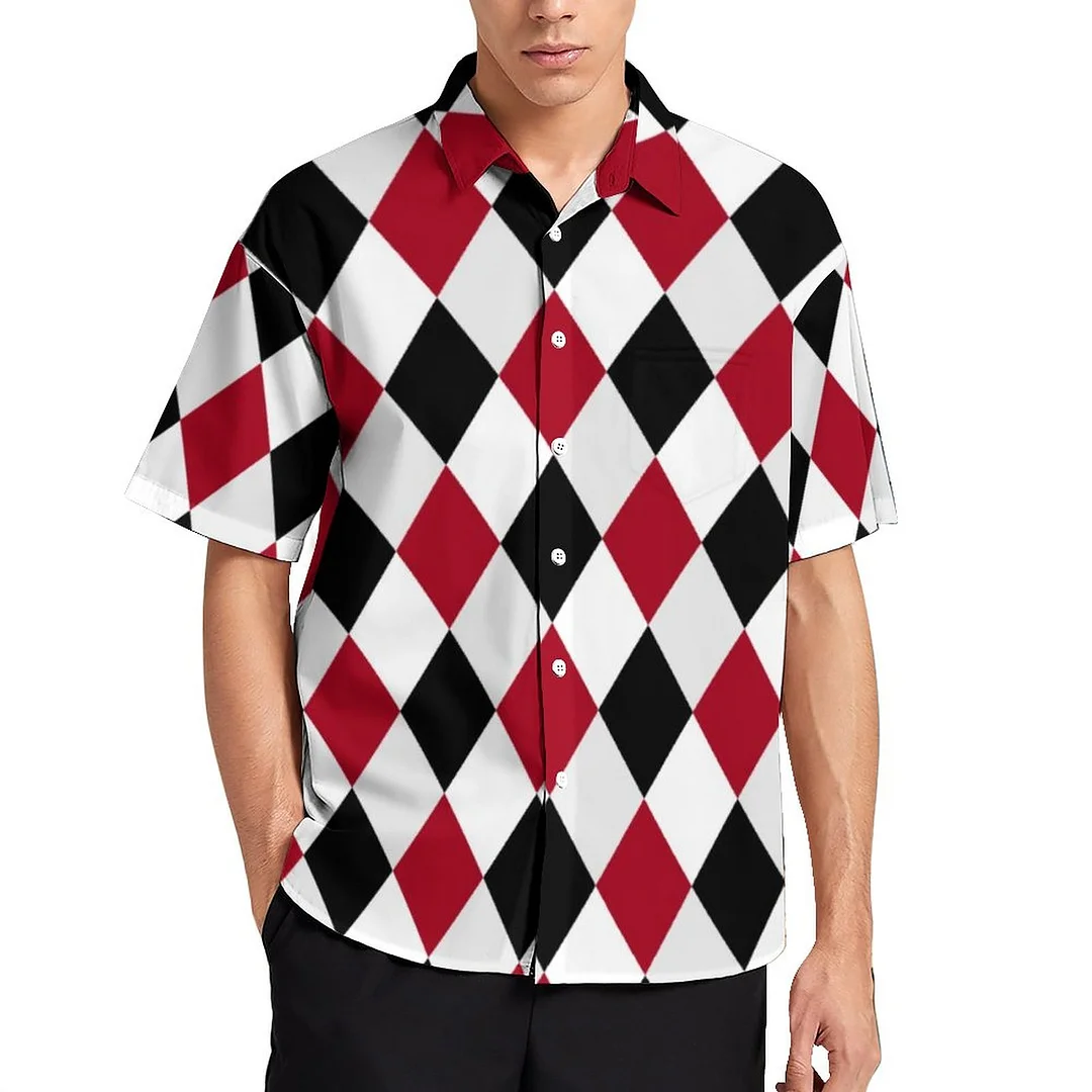 Black And Red Harlequin Diamond Women and Men Hawaiian Shirt Unisex Button Down Matching Aloha Beach Blouse