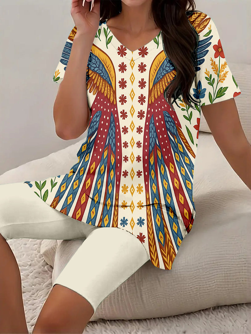 Women Long Sleeve V-neck Graphic Floral Printed Top