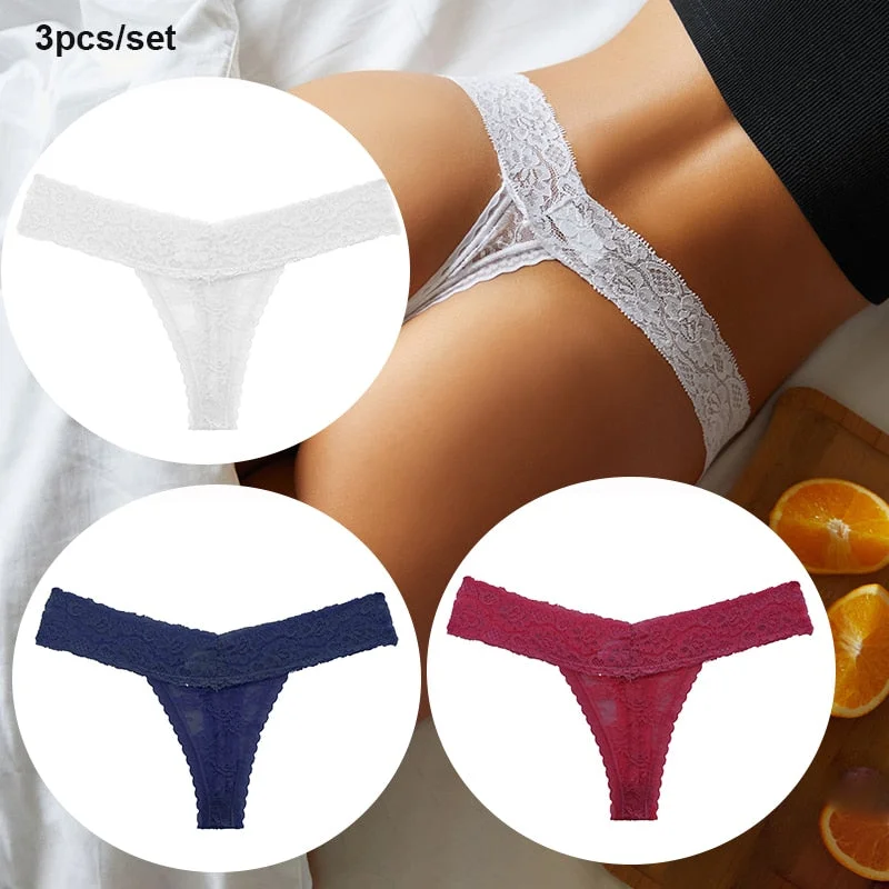 FINETOO 3PCS/Set Women Lace Sexy G-string Perspective Lingerie Temptation Panties Thong Underwear Panty Female Intimates M-XL