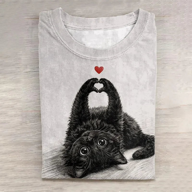 Comstylish Abstract Creative Black Cat Making Heart Hands Graphic Casual T-shirt