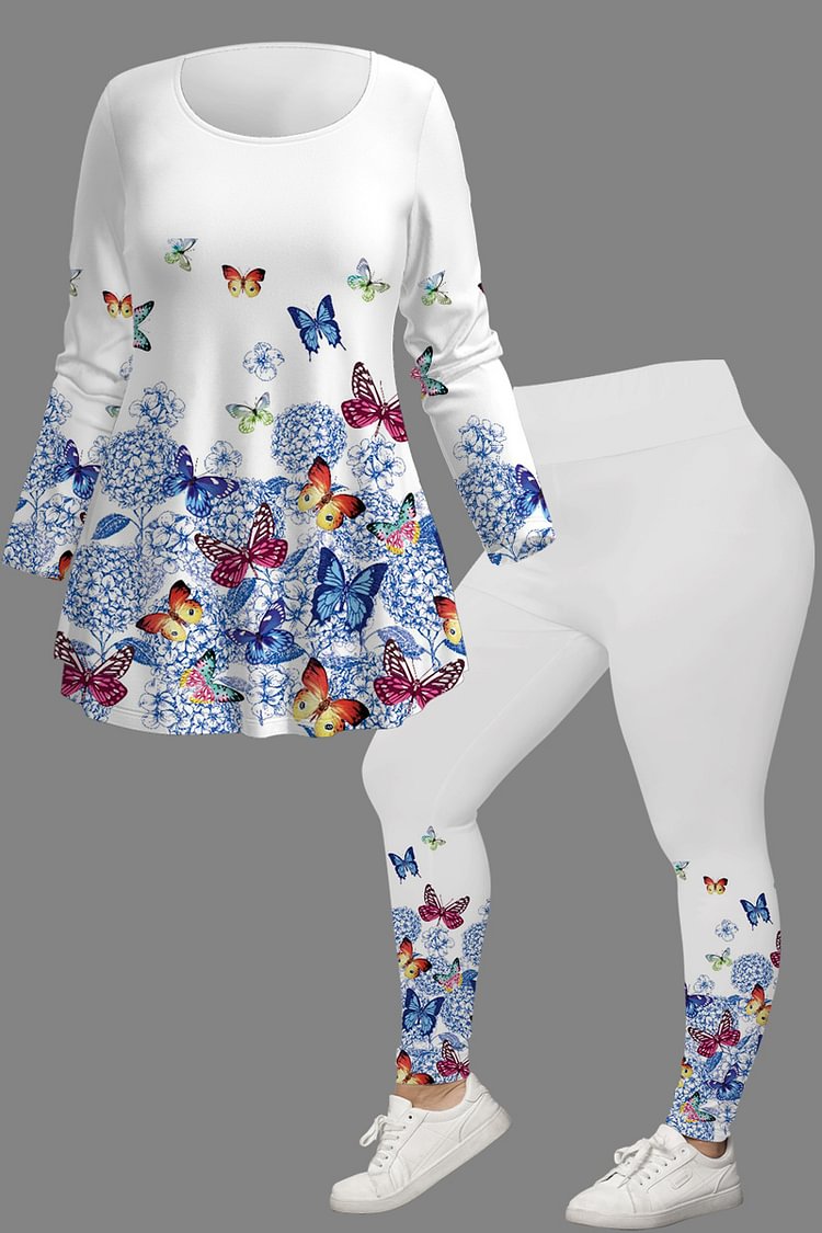 Flycurvy Plus Size Casual White Dandelion Butterfly Floral Print Two Piece Pant Set  Flycurvy [product_label]
