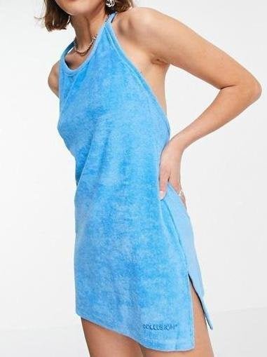 Blue Terry Cloth Off Shoulder Strappy Dress