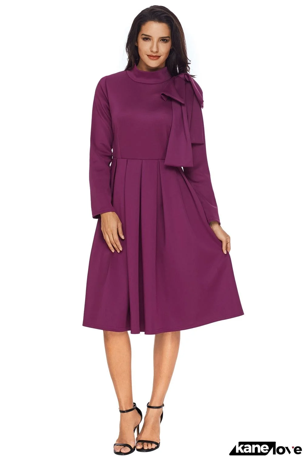 Royal Blue Bowknot Embellished Mock Neck Pocket Dress