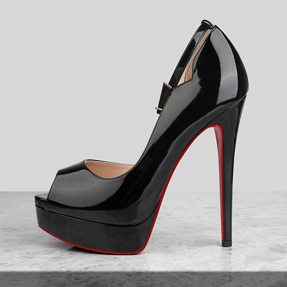 150mm/5.9 inch Ankle Strap Platform Shoes High Heels Peep Toe Patent Pumps