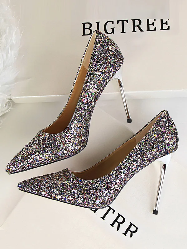 Shallow Cut Sequined Pointed-Toe Pumps