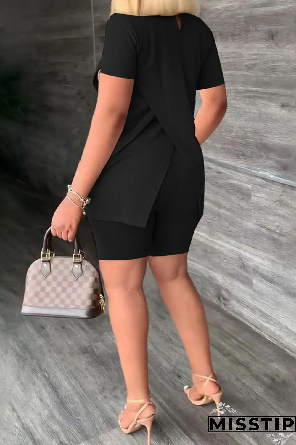 Black Casual Solid Patchwork Half A Turtleneck Short Sleeve Two Pieces