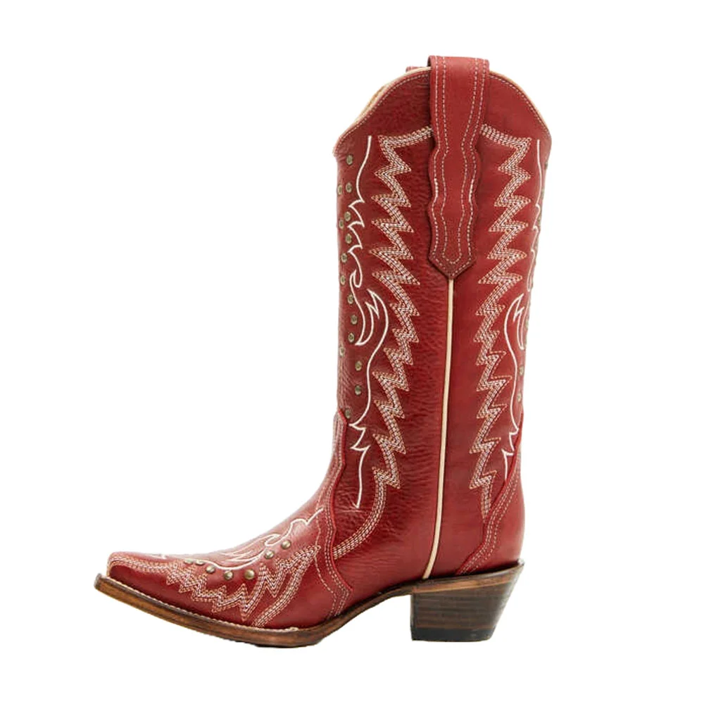 Red Snip Toe Vegan Leather Chunky Heel Cowgirl Boots with Studs